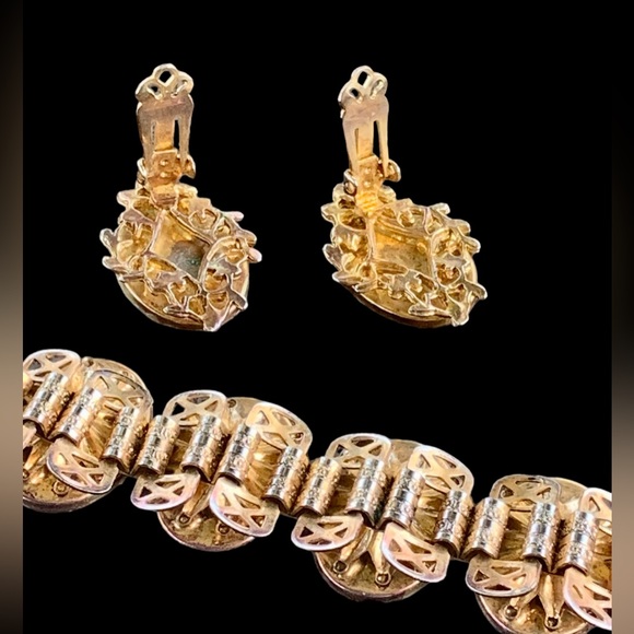 Black & Gold Panel Bracelet and Clip On Earrings Set Vintage Damascene Cabochons - Picture 10 of 11